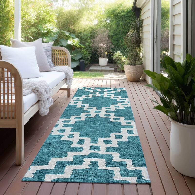 Machine Washable Indoor/ Outdoor Chantille Trellis Geo Rug - Teal - 2'3" x 7'6"