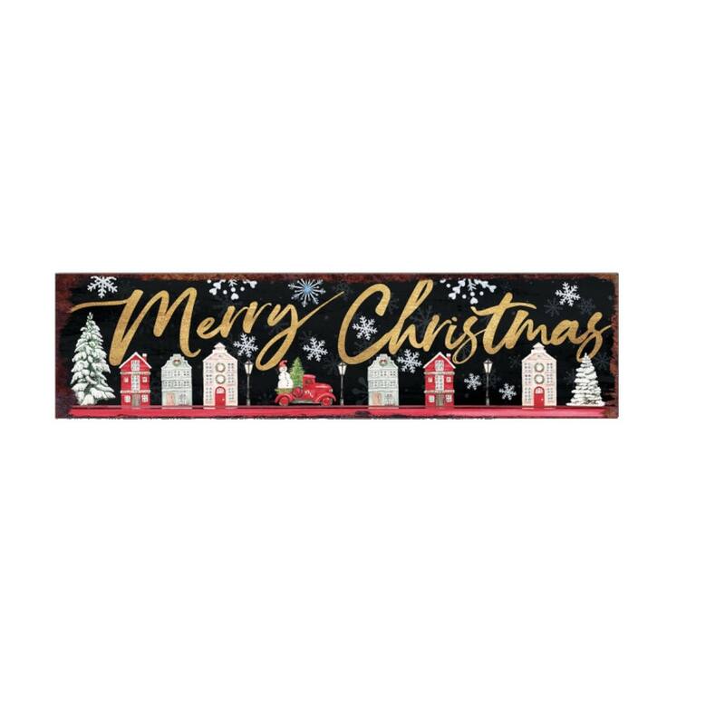 HomeRoots 36" Black Gold And Red Solid Wood Merry Christmas Decorative Sign