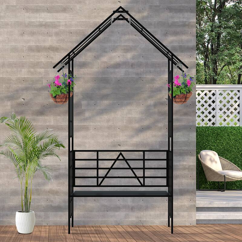 Metal Garden Arch with Bench Turned into Flower Stand Climbing Plants Support Rose Arch Outdoor Black