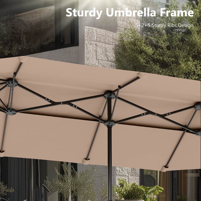MAISON ARTS 13ft Double-Sided Outdoor Umbrella, 2-Tier Vented Market Umbrella with Colored Lights and Base