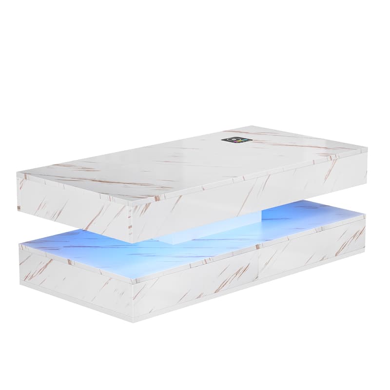 Smart LED Coffee Table 47.2" with Bluetooth Speaker & Wireless Charging, Modern White Marble Center Table