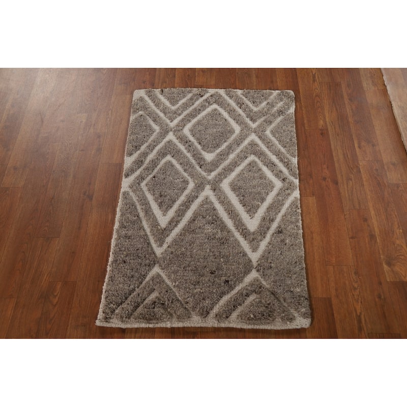Brown Carved Moroccan Oriental Accent Rug Handmade Wool Carpet - 2'0"x 3'0"