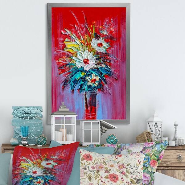 Designart "Life Style Blue And Green Flower Painting II" Traditional Framed Wall Art Bed Bath