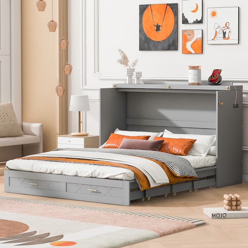 Queen Size Murphy Bed with Pulley System, Storage Drawer, USB Ports, and Sockets, Space-Saving