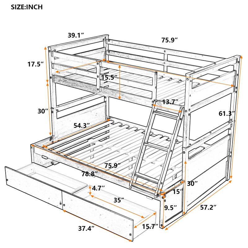 Convertible Wood Bunk Bed with Ladders & 2 Storage Drawers, Solid Wood Detachable Bunkbed Frame, Noise Free, Twin Over Twin Size