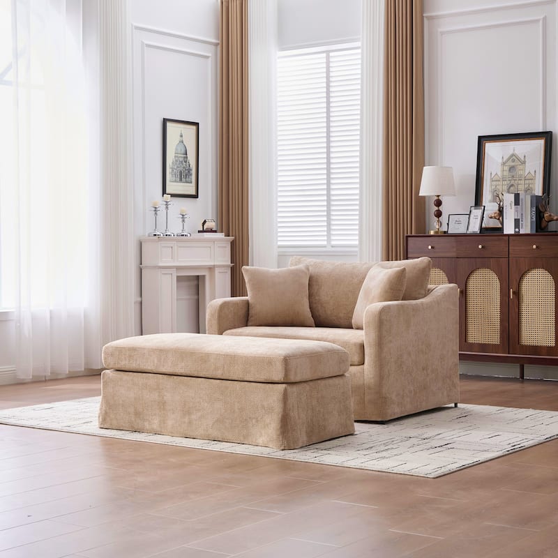 Morden Accent Chair with Ottoman, Chenille Living Room Side Chair, Single Sofa Armchair with Bolster Pillows