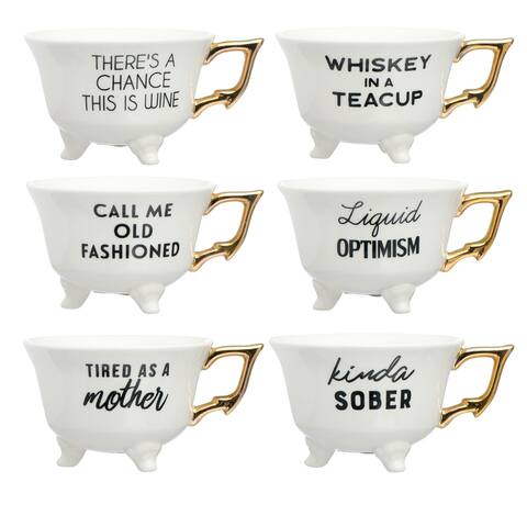 Stoneware Footed Teacup with Saying and Gold Electroplating, Set of 6 Styles
