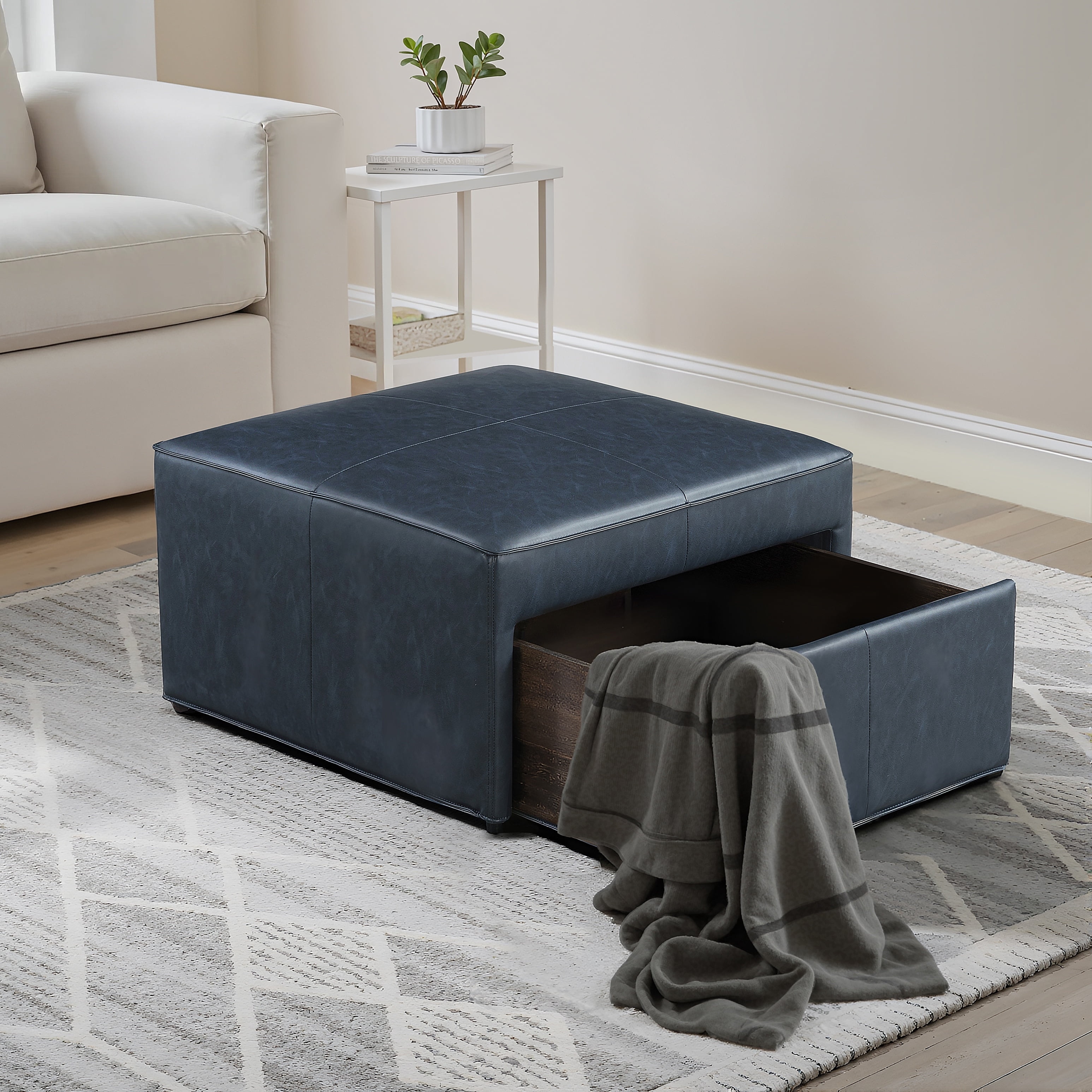 Modern Navy Faux Leather Storage Ottoman with Wheels, Extra Seating and Footrest