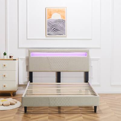 Adjustable Headboard Height Upholstered Bed with LED Light