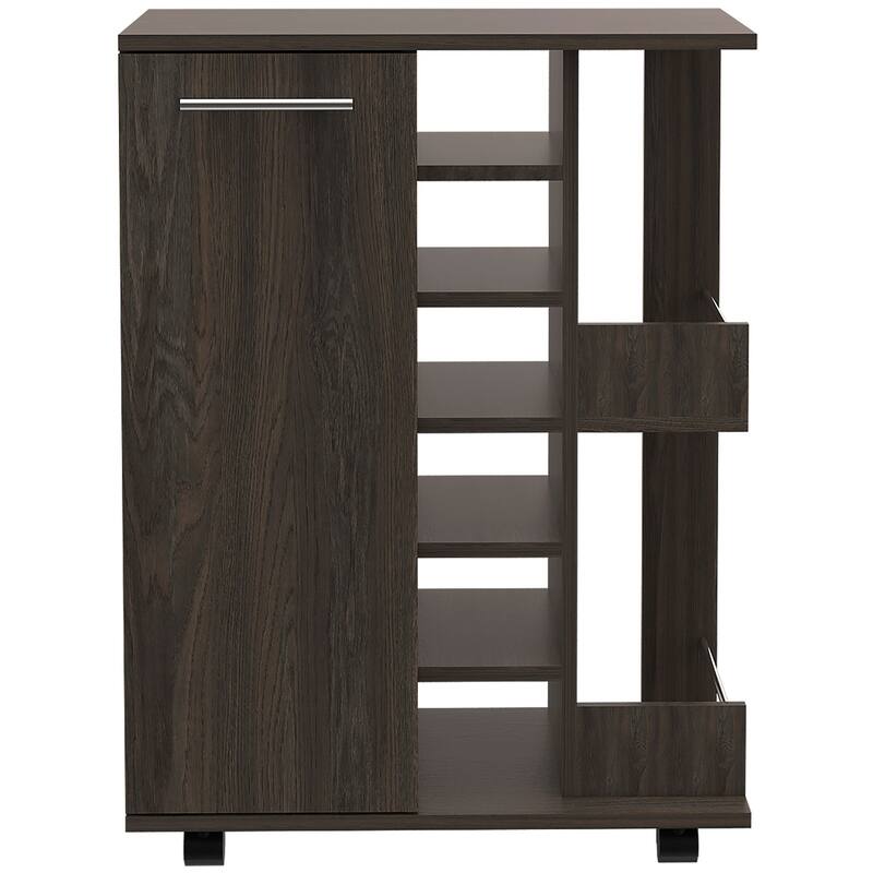 TUHOME Bar Cart, Two External Shelves, Four Casters, Six Built-in Wine Rack and Single Door Cabinet - 23" W x14"D x 32"H