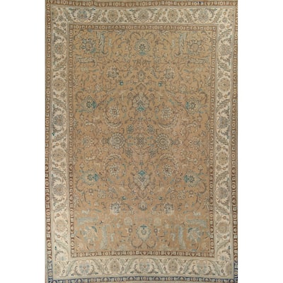 Floral Tabriz Vintage Persian Area Rug Hand-Knotted Brown Wool Carpet - 9'5" x 12'5"