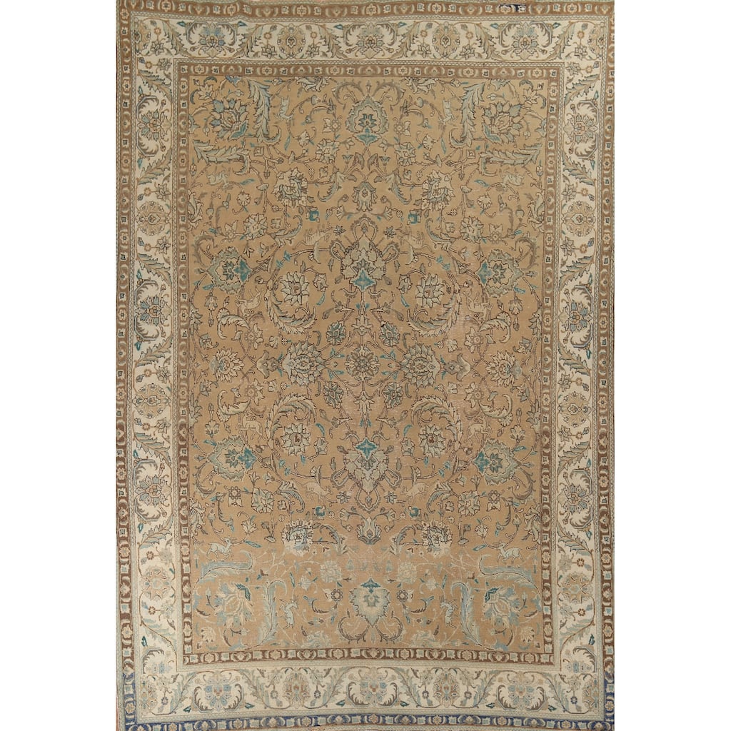 Floral Tabriz Vintage Persian Area Rug Hand-Knotted Brown Wool Carpet - 9'5" x 12'5"