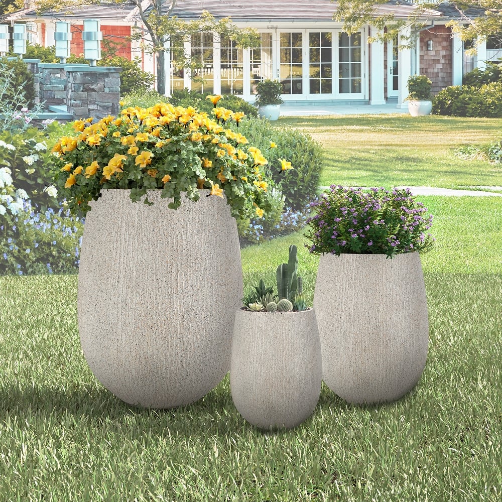 Egg-Shaped Lightweight MGO Outdoor Planter Set of 3,Modern Stone-Look Textured Flower Pots with Drainage Holes and Rubber Plug