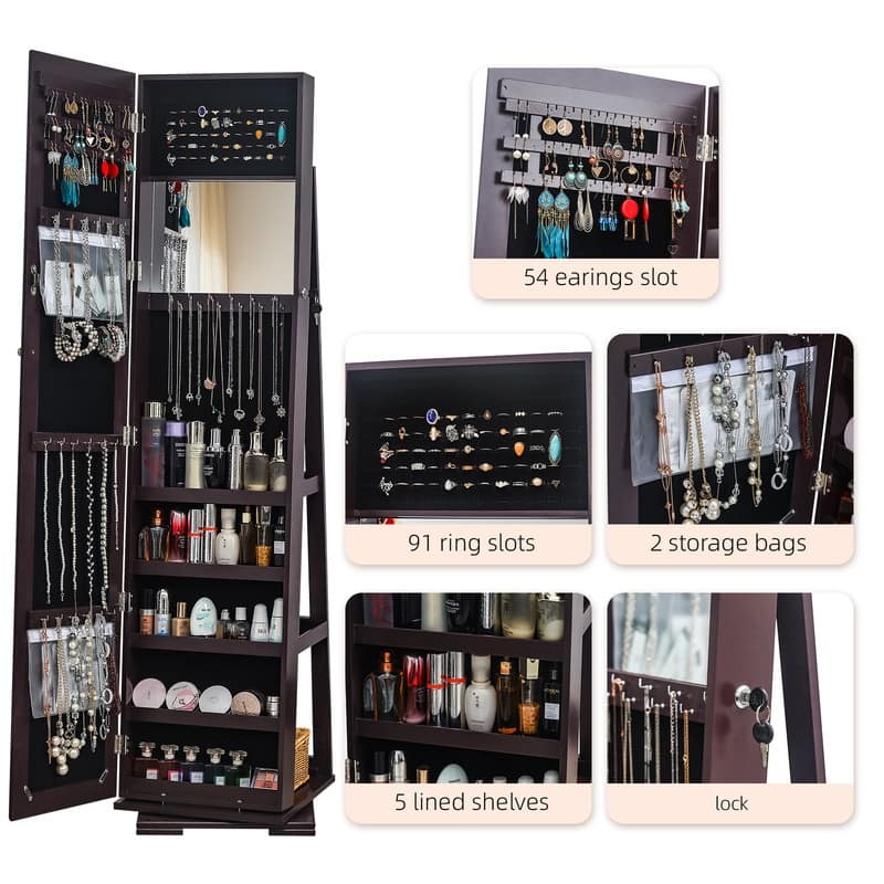 Brown Mirror Storage Cabinet 5 Tiers Rotatable Wooden Painted