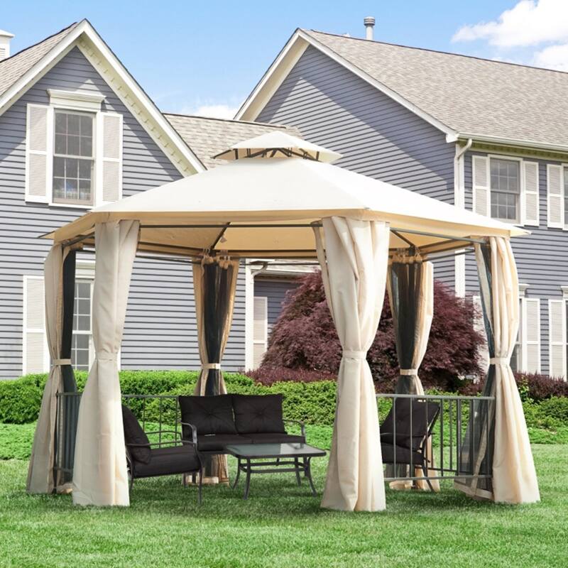 13 x13ft Beige Outdoor Double Roof Gazebo with Steel Frame and Sides Curtains for Family Gatherings - 12.8' L x 12.8' W x 9.2' H