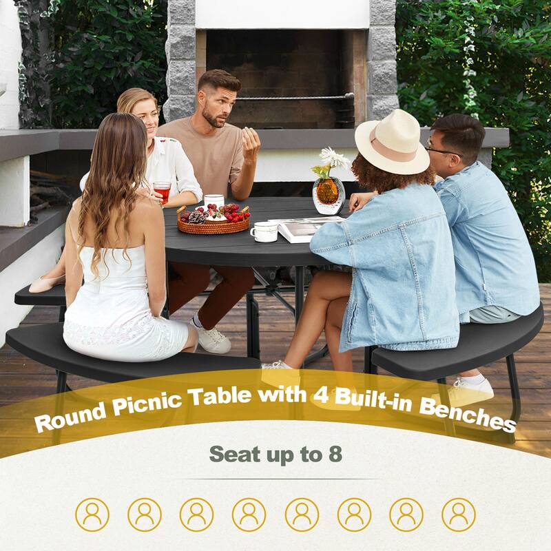 Costway Outdoor 8-person Round Picnic Table Bench Set with 4 Benches & - See Details