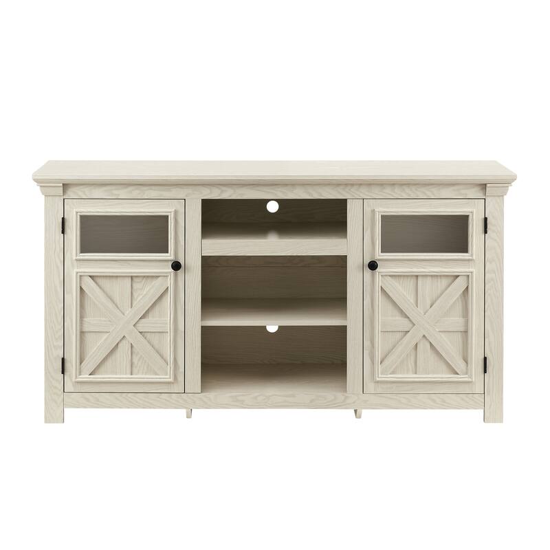 Farmhouse TV Stand, 2-Door Cabinet Media Stand with Barn Design and Open Shelving, for Living Room, White