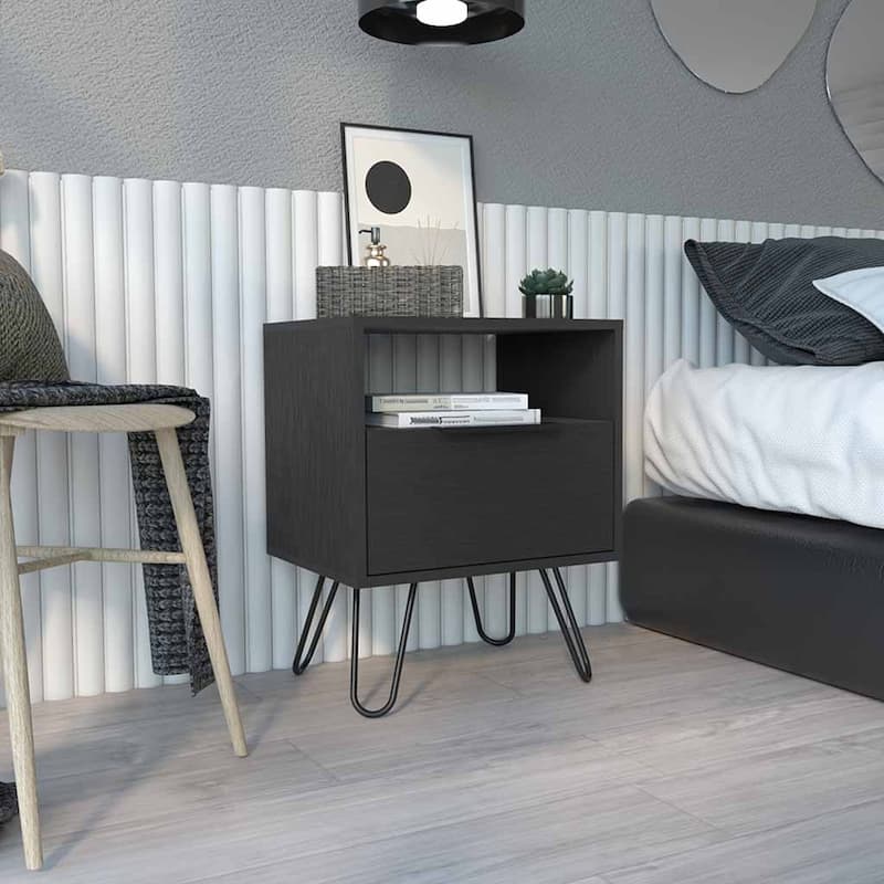Nightstand Skyoner, Single Drawer, Hairpin Legs, White Finish - Black