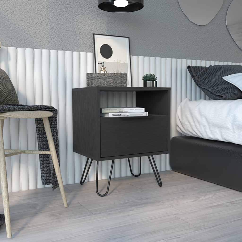 Single Drawer Nightstand with Hairpin Legs, Black Wengue Finish