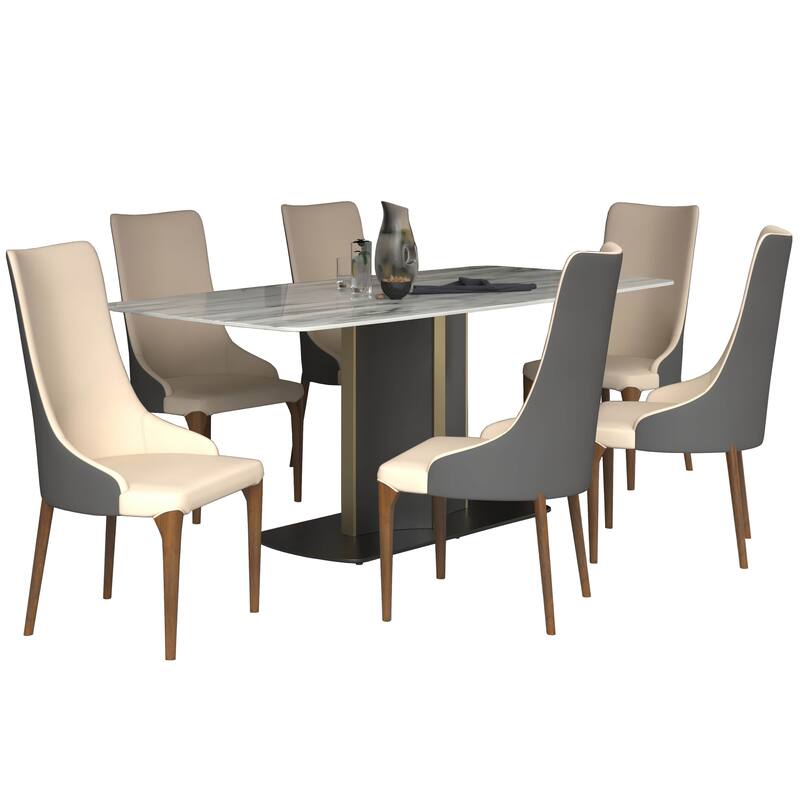 7-Piece Dining Set with 55-Inch Sintered Stone Dining Table and 6 Velvet/Leather Accent Side Chairs
