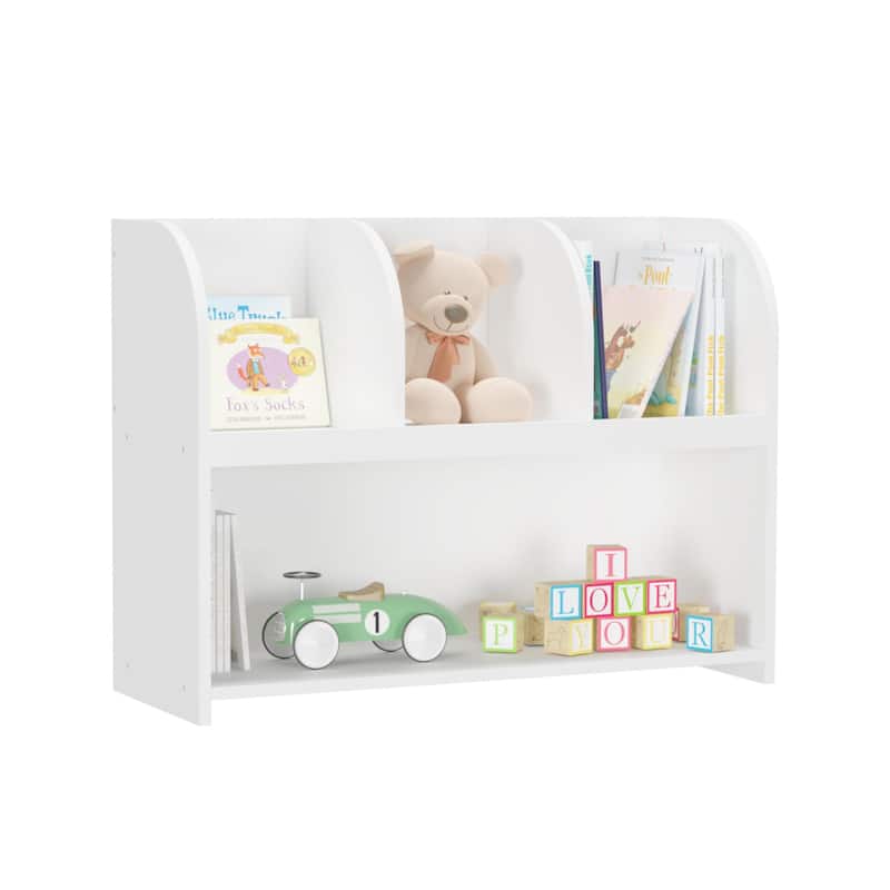 Anmytek 2-Tier Open Shelf Toy Storage Organizer with 3 Cubbies, White Kids Bookshelf for Bedroom Playroom Nursery