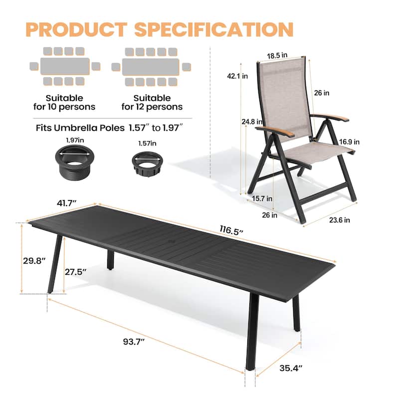 9/11/13-Piece Luxury Outdoor Dining Set All-Weather Aluminum Patio Furniture Foldable Chairs