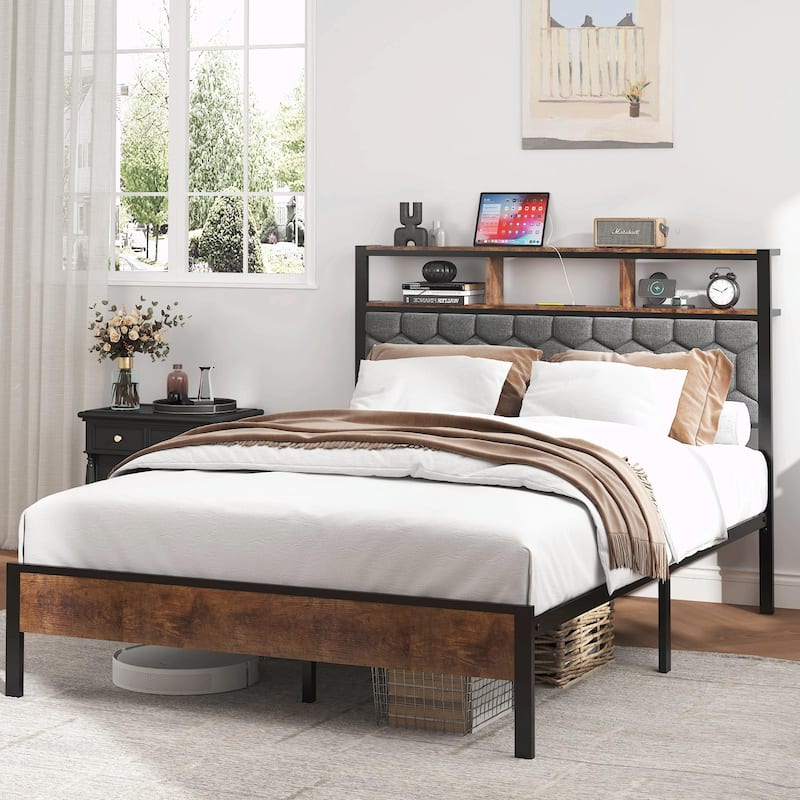 Vintage Shelf Headboard Bed - Built-in USB Ports - Full