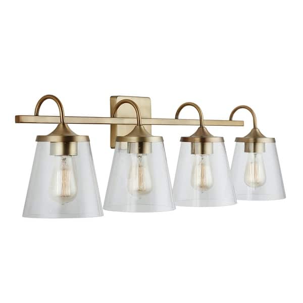 slide 2 of 24, Jayne 4-light Bath/ Vanity Fixture w/ Clear Seeded Glass Aged Brass