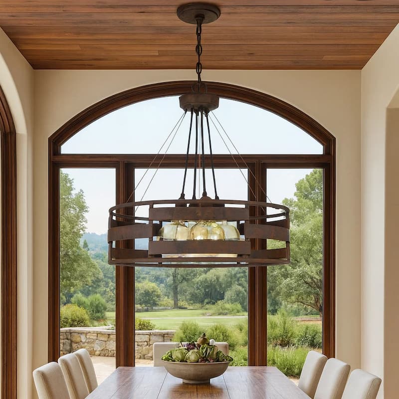 Frot 24 Inch Chandelier w Light Bulbs, Suspended Cable Design, Rust