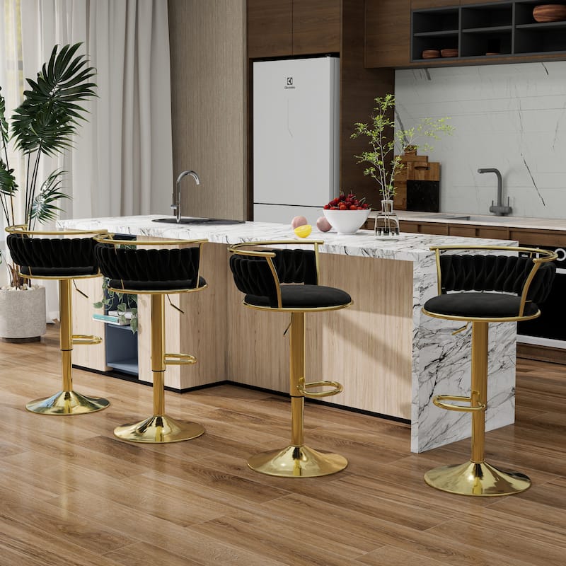 Modern Velvet 26" Adjustable Swivel Bar Stools (Set of 4) - Set of 4 - Black