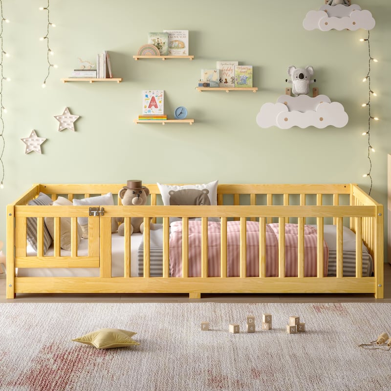 Twin Size Bed Floor Bed with Safety Guardrails and Door for Kids - Natural