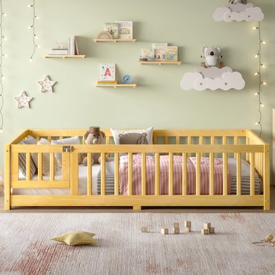 Twin Size Bed Floor Bed with Safety Guardrails and Door for Kids