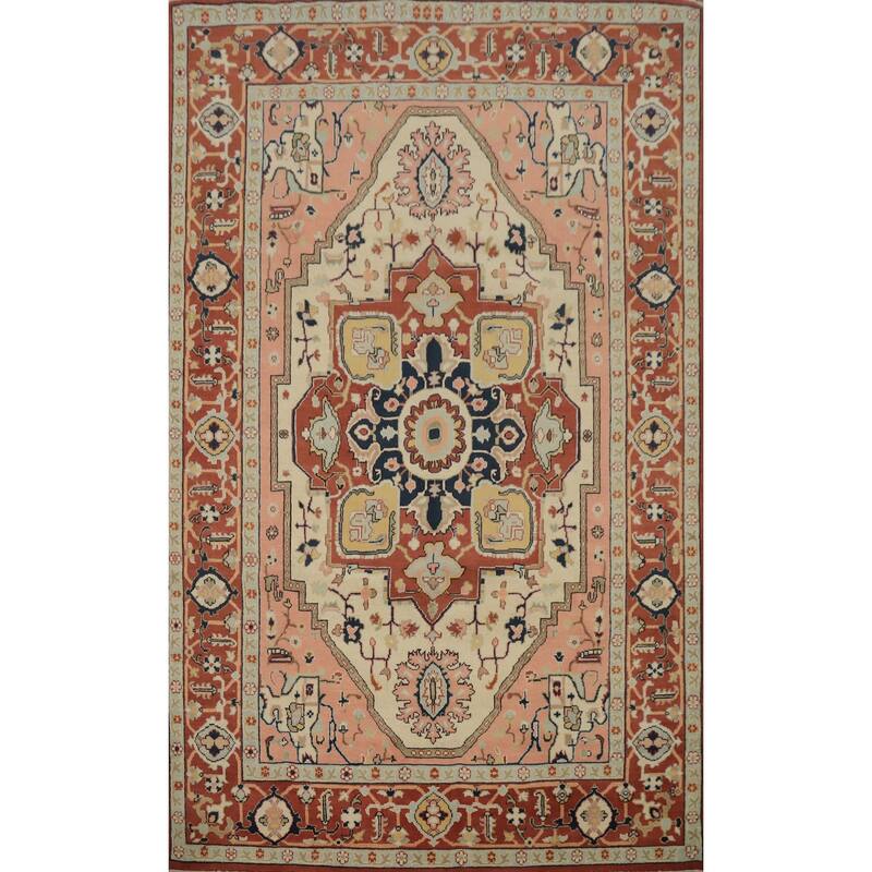 Hand Knotted Oriental 100% Wool Carpet Traditional Medallion Beige & Ivories Heriz (serapi) Area Rug - 9' 3'' X 6' 3''