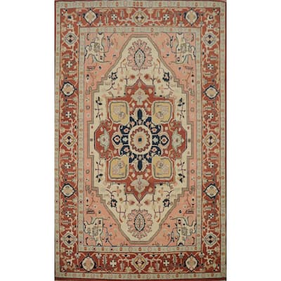 Hand Knotted Oriental 100% Wool Carpet Traditional Medallion Beige & Ivories Heriz (serapi) Area Rug - 9' 3'' X 6' 3''