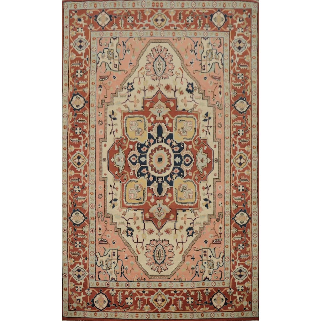 Hand Knotted Oriental 100% Wool Carpet Traditional Medallion Beige & Ivories Heriz (serapi) Area Rug - 9' 3'' X 6' 3''