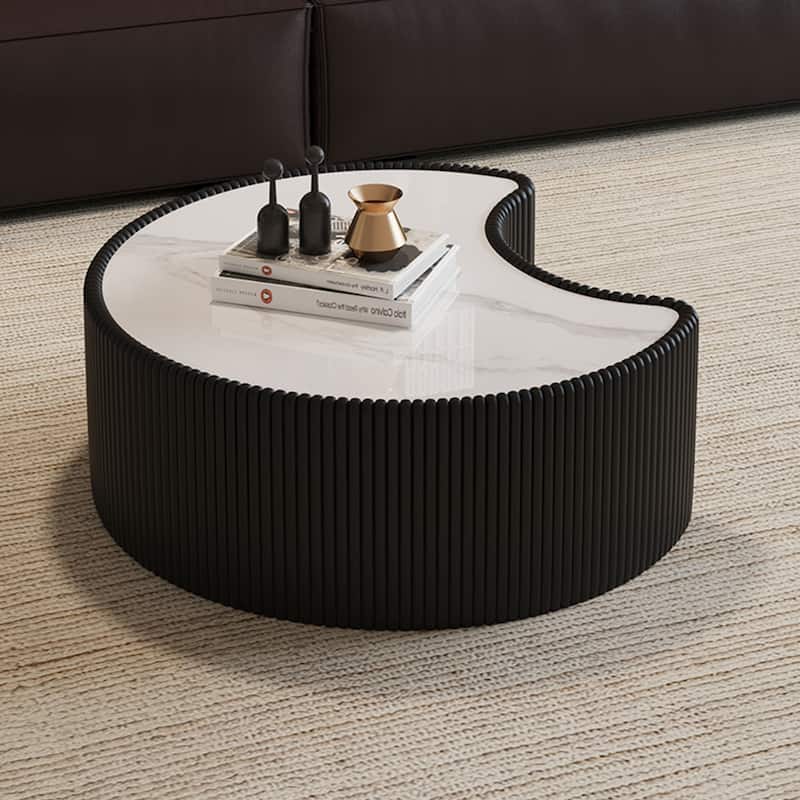 GDFStudio - Modern Sintered Stone Top Upholstered Irregular Shape Coffee Table with Grey Pattern Curved Design - Black