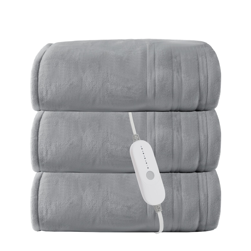 Flannel and Sherpa Fleece Throw Heated Blanket with a Controller - 62"*84" - Light Grey