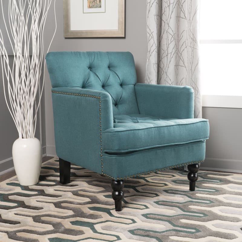Teal Modern 28" Upholstered Button Tufted Club Chair with Rubber Wood Legs and Nailheads