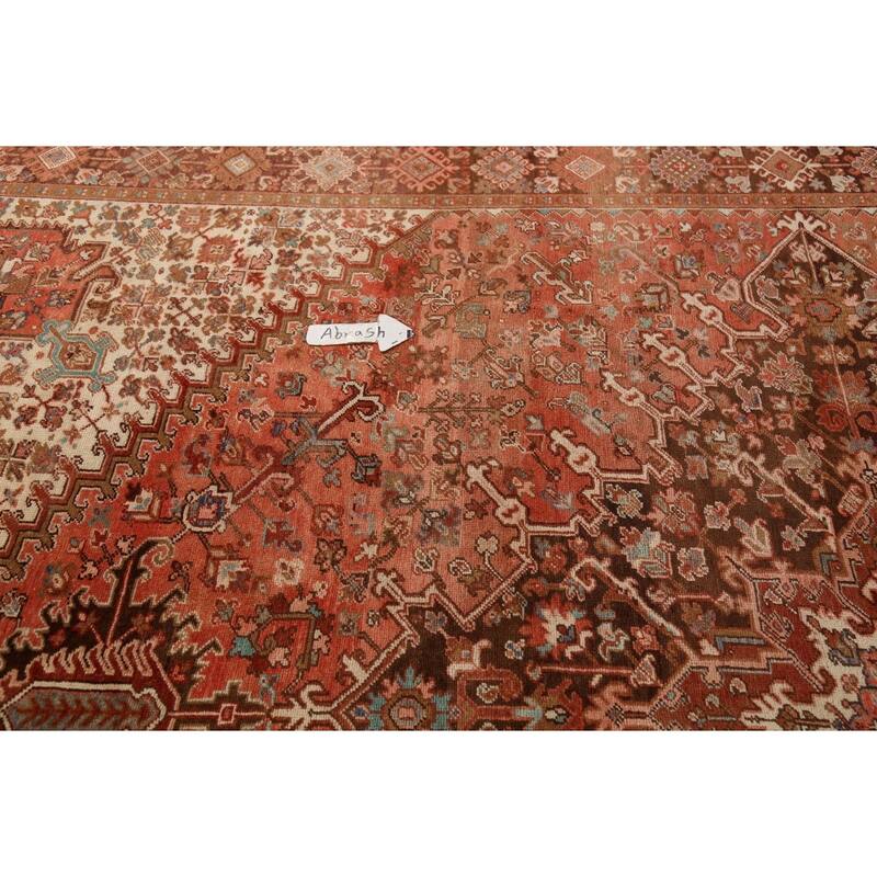 Orange Heriz Persian Vintage Area Rug Handmade Medallion Wool Carpet - 9'7"x 13'0"