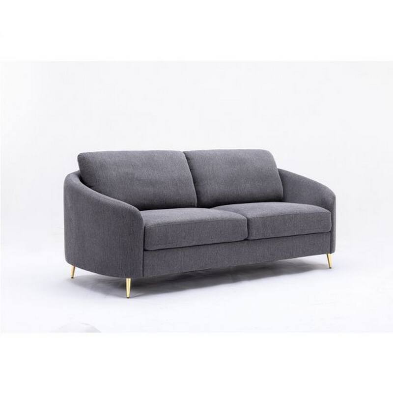 Nial 80 Inch Sofa, Linen Upholstery, Pine Wood, Smooth Gray, Gold Legs