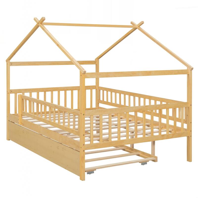 Full Size Wooden House Bed with Twin Size Trundle
