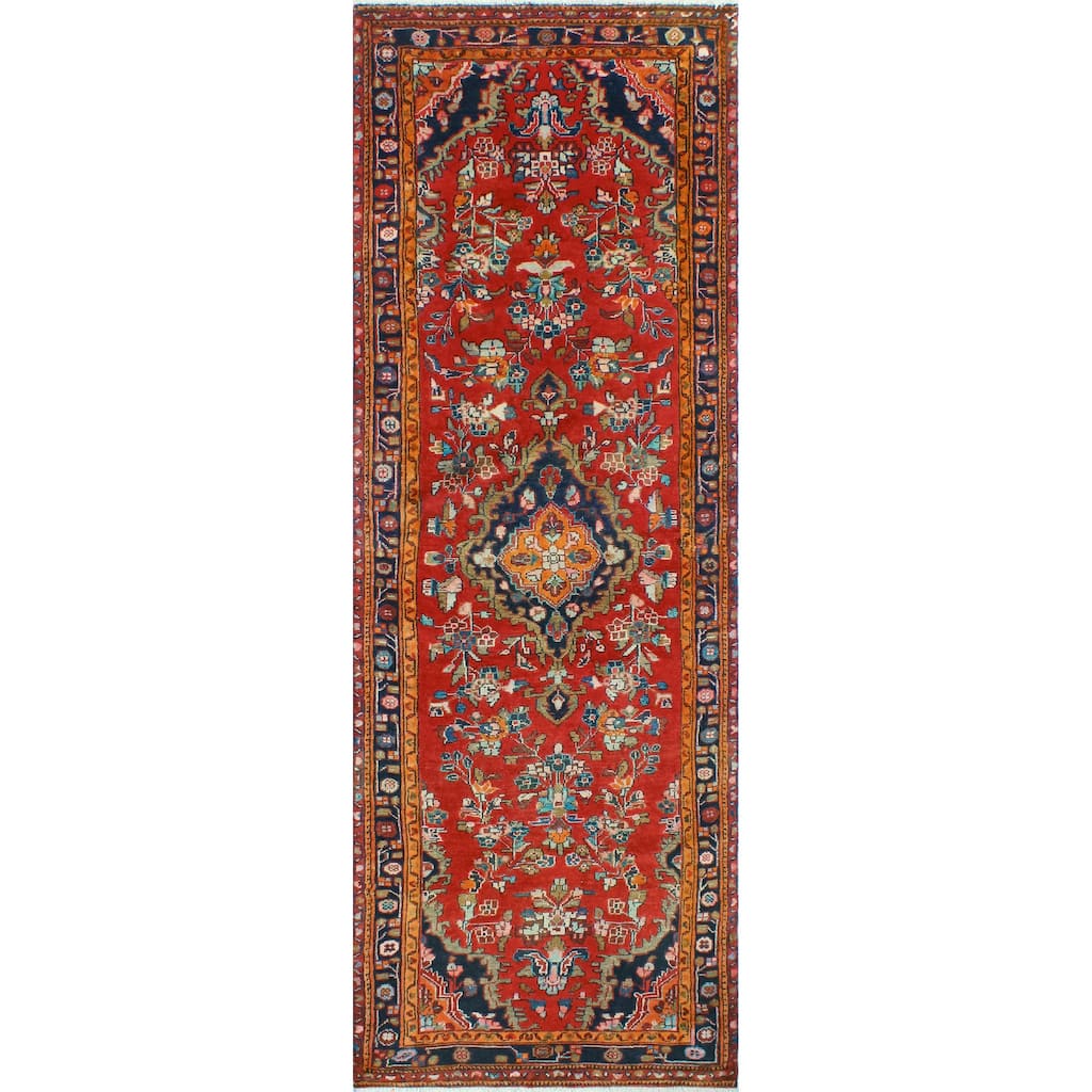 Fine Vintage Distressed Hosea Red/Navy Runner - 3'7" x 10'2"