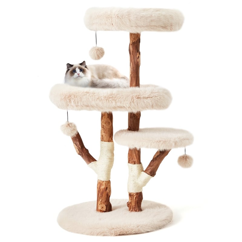 46"H Wood Cat Tree Tower with Scratching Posts, Modern Cat Furniture for Indoor Cats