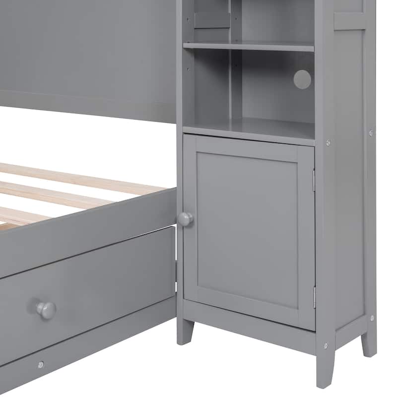 Grey Wooden Full Platform Bed with Cabinet and Shelf