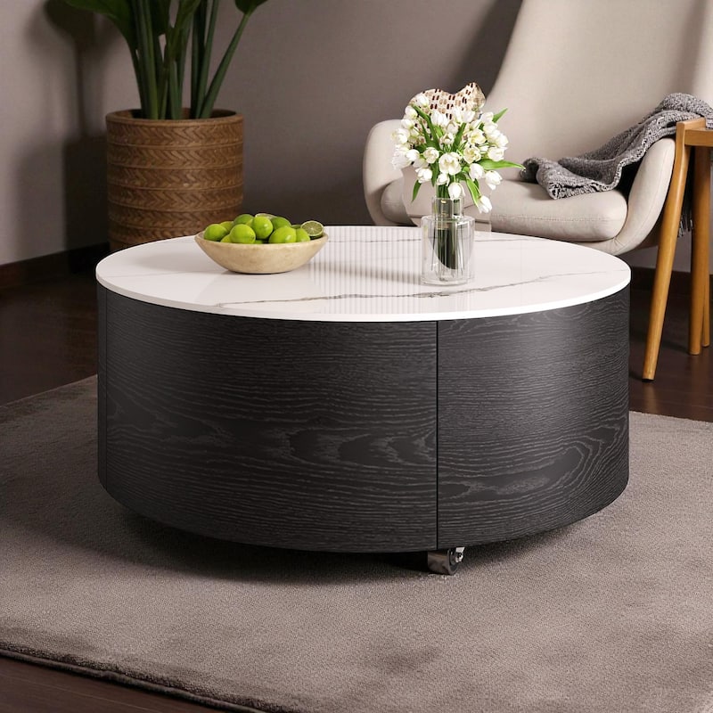 29.5'' Modern Round Movable Coffee Table with 2 Drawers, Sintered Stone Marble Top & Casters for Living Room