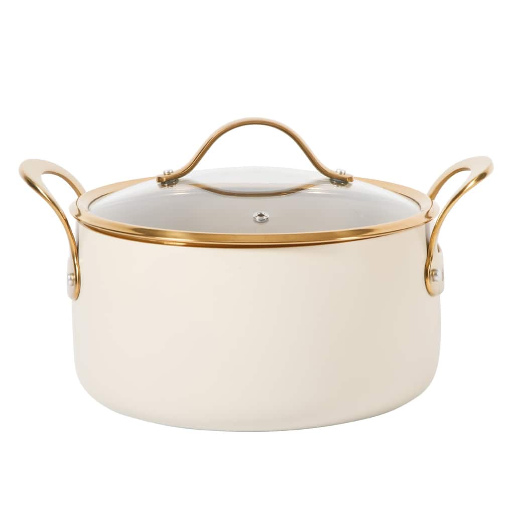 Bloomhouse 6 Quart Heavy Duty Aluminum Premium PFA Free Ceramic Nonstick Dutch Oven Pot with Lid - Almond Cream with Gold Handle