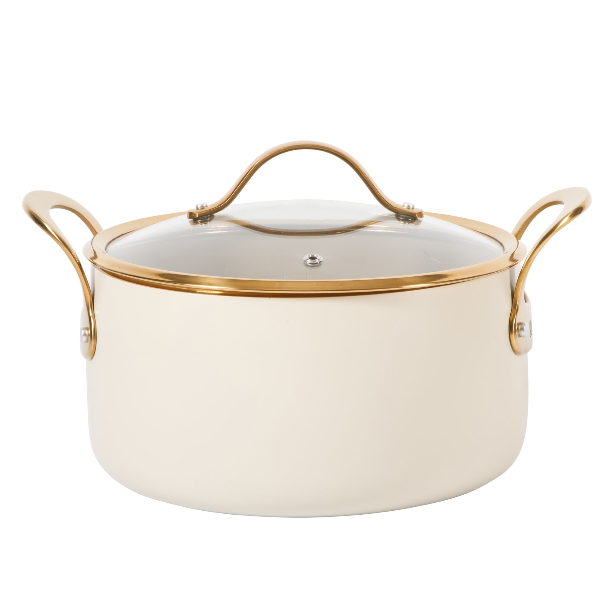 Bloomhouse 6 Quart Heavy Duty Aluminum Premium PFA Free Ceramic Nonstick Dutch Oven Pot with Lid - Almond Cream with Gold Handle