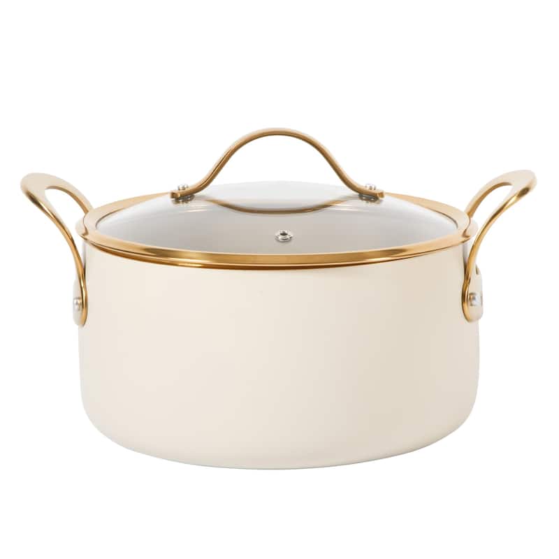 Bloomhouse 6 Quart Heavy Duty Aluminum Premium PFA Free Ceramic Nonstick Dutch Oven Pot with Lid - Almond Cream with Gold Handle