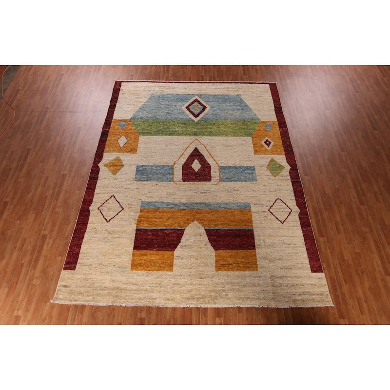 Moroccan Oriental Large Rug Handmade Modern Beige Wool Carpet - 9'11" x 13'8"