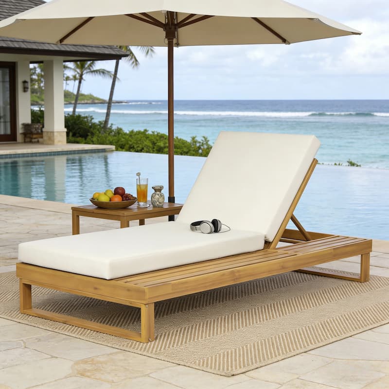 Christopher Knight Home - Modern Outdoor Acacia Wood Chaise Lounge with 4-Position Adjustable Backrest & 3-Fold Cushion - Teak Finish+Cream Cushion